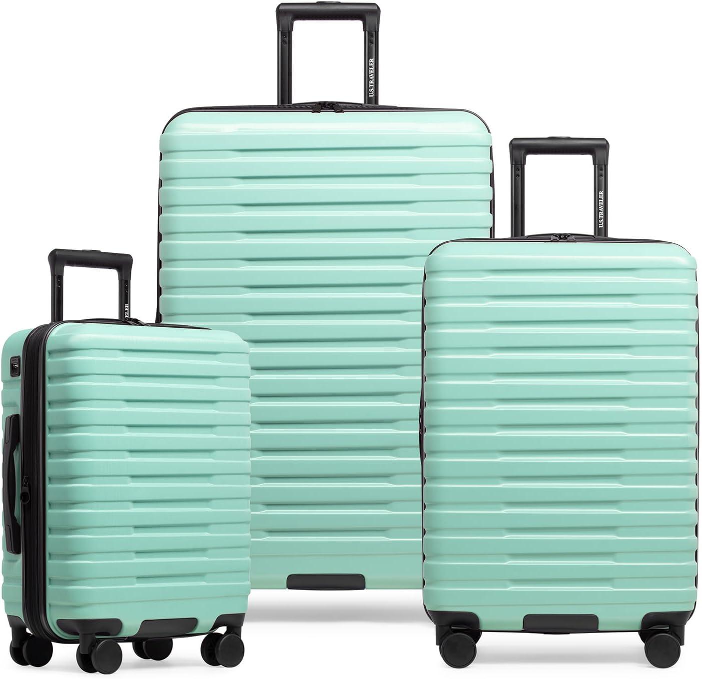 imageUS Traveler Boren Expandable Hardside Rugged Travel Luggage with 8 Spinner Wheels Rose Pink 2Piece SetMint