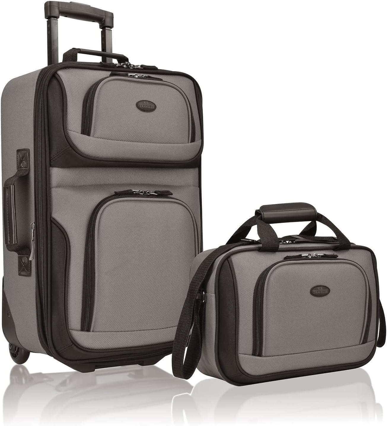 imageUS Traveler Rio Lightweight Softside Rolling Carryon Suitcase 4Wheel Set GreenGrey