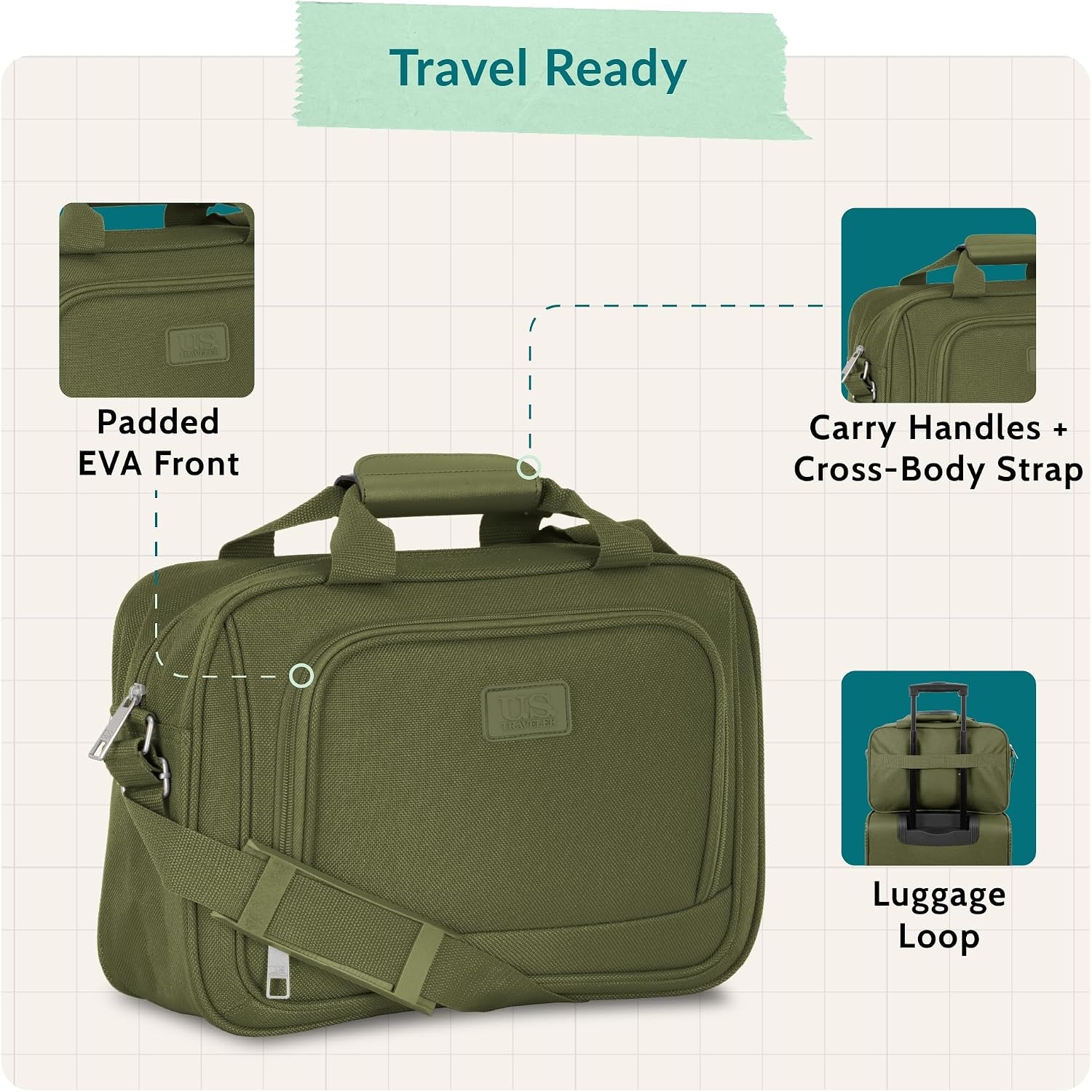 image:imageUS Traveler Rio 14 Travel Tote Bag Lightweight 1200D CarryOn Bag for Women amp MenGreen