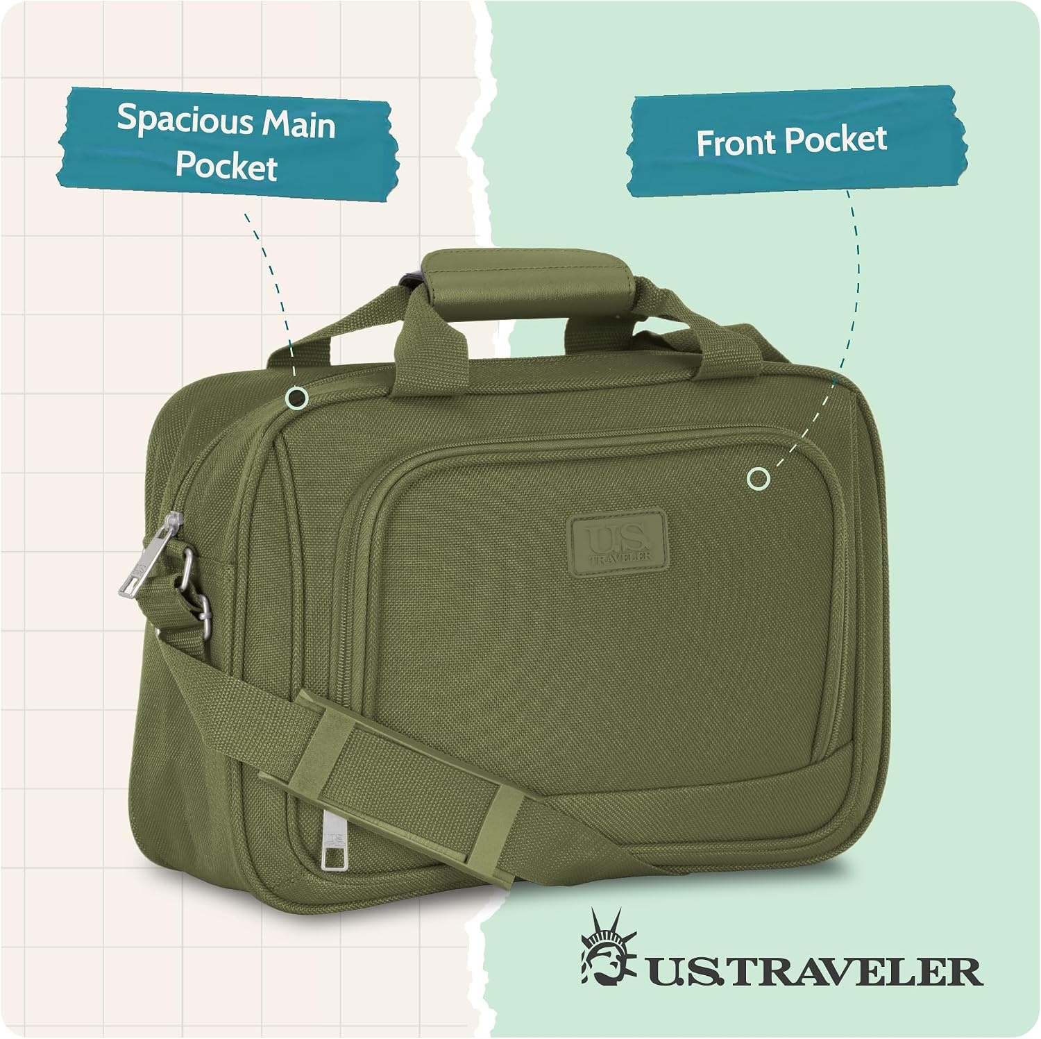 image:imageUS Traveler Rio 14 Travel Tote Bag Lightweight 1200D CarryOn Bag for Women amp MenGreen