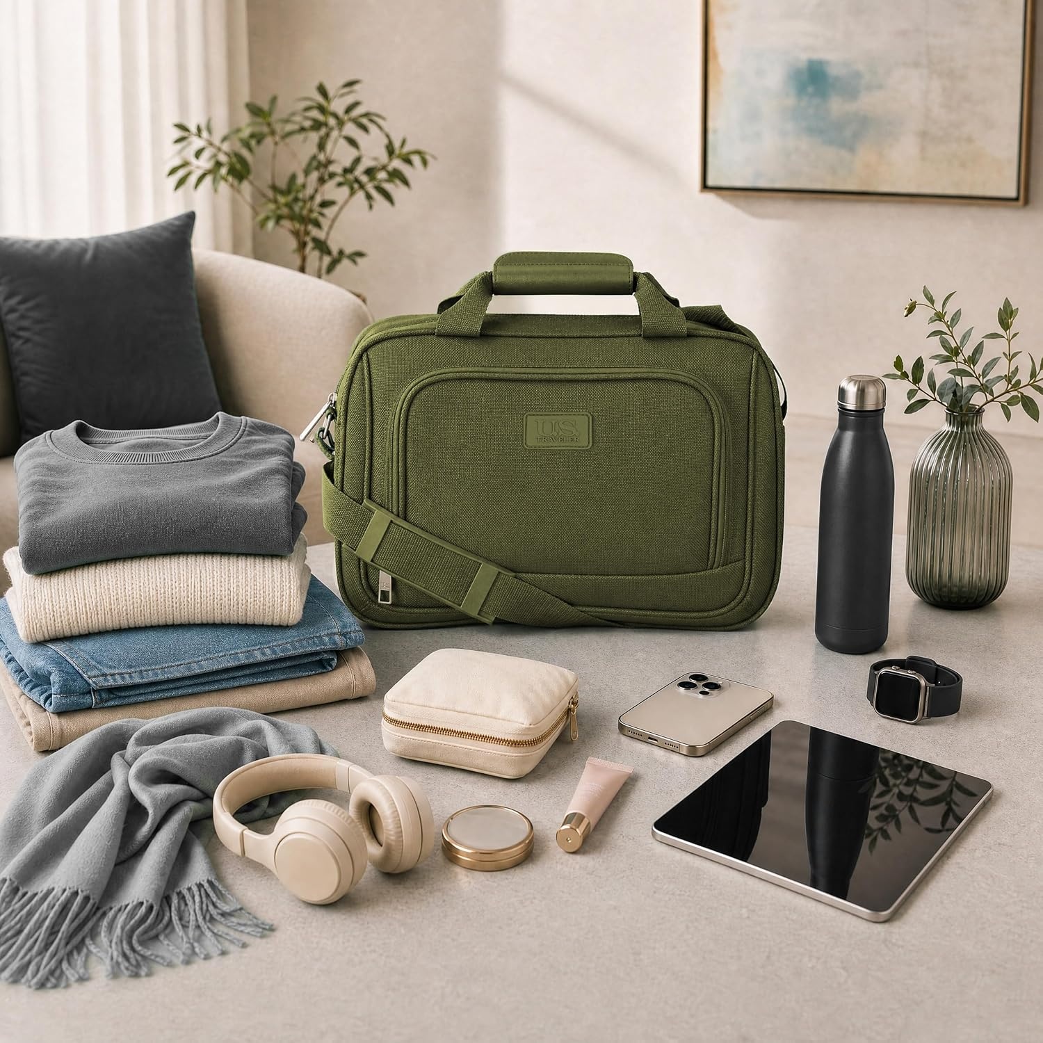 image:imageUS Traveler Rio 14 Travel Tote Bag Lightweight 1200D CarryOn Bag for Women amp MenGreen
