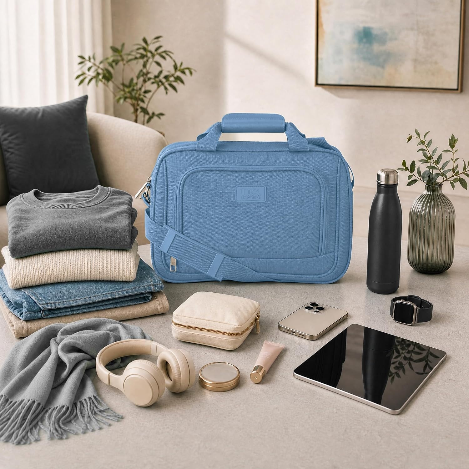 image:imageUS Traveler Rio 14 Travel Tote Bag Lightweight 1200D CarryOn Bag for Women amp MenLight Blue
