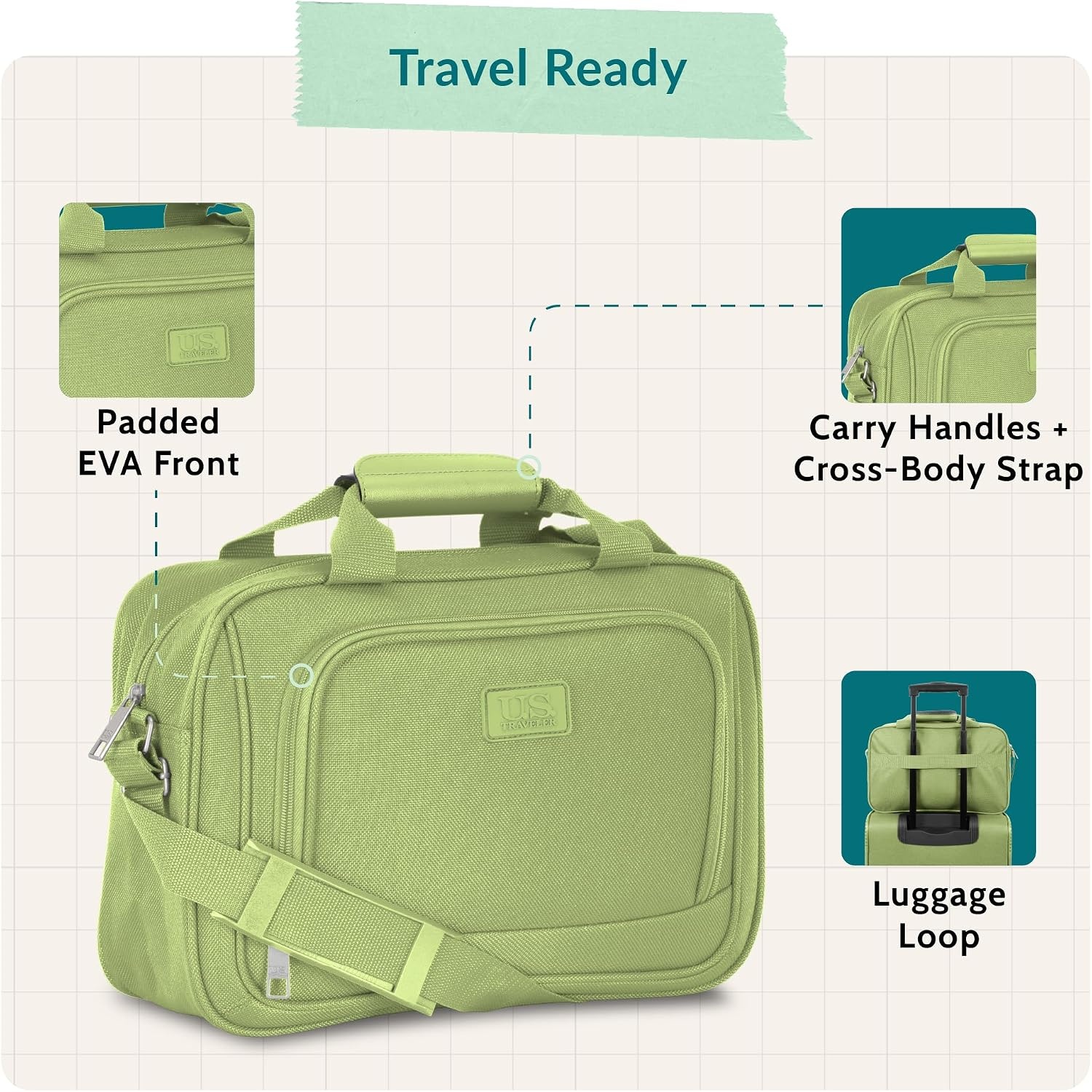 image:imageUS Traveler Rio 14 Travel Tote Bag Lightweight 1200D CarryOn Bag for Women amp MenLight Green