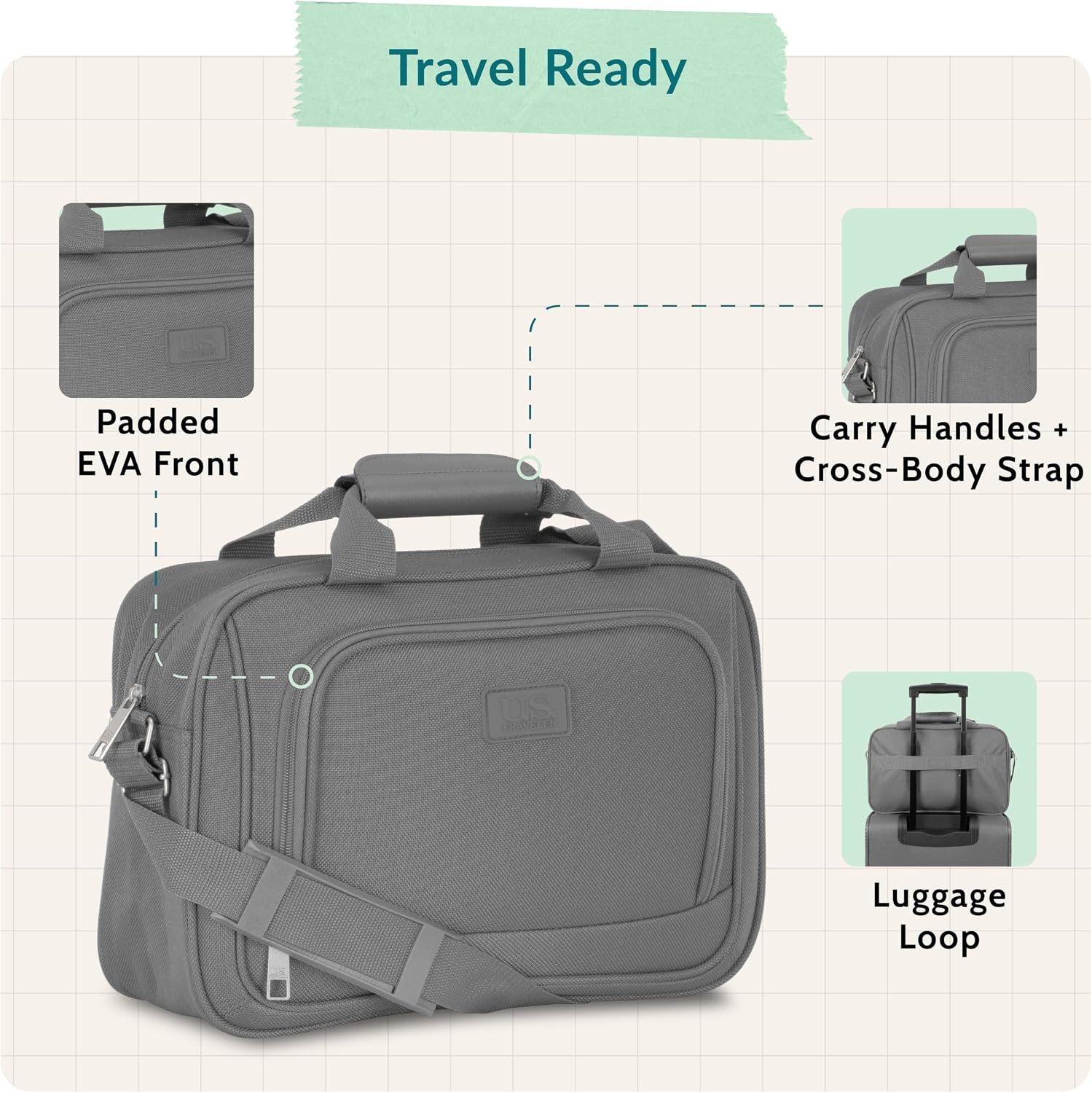 image:imageUS Traveler Rio 14 Travel Tote Bag Lightweight 1200D CarryOn Bag for Women amp MenLight Grey