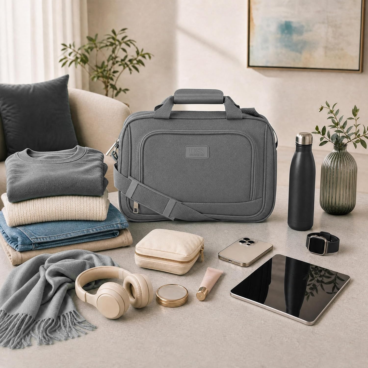image:imageUS Traveler Rio 14 Travel Tote Bag Lightweight 1200D CarryOn Bag for Women amp MenLight Grey