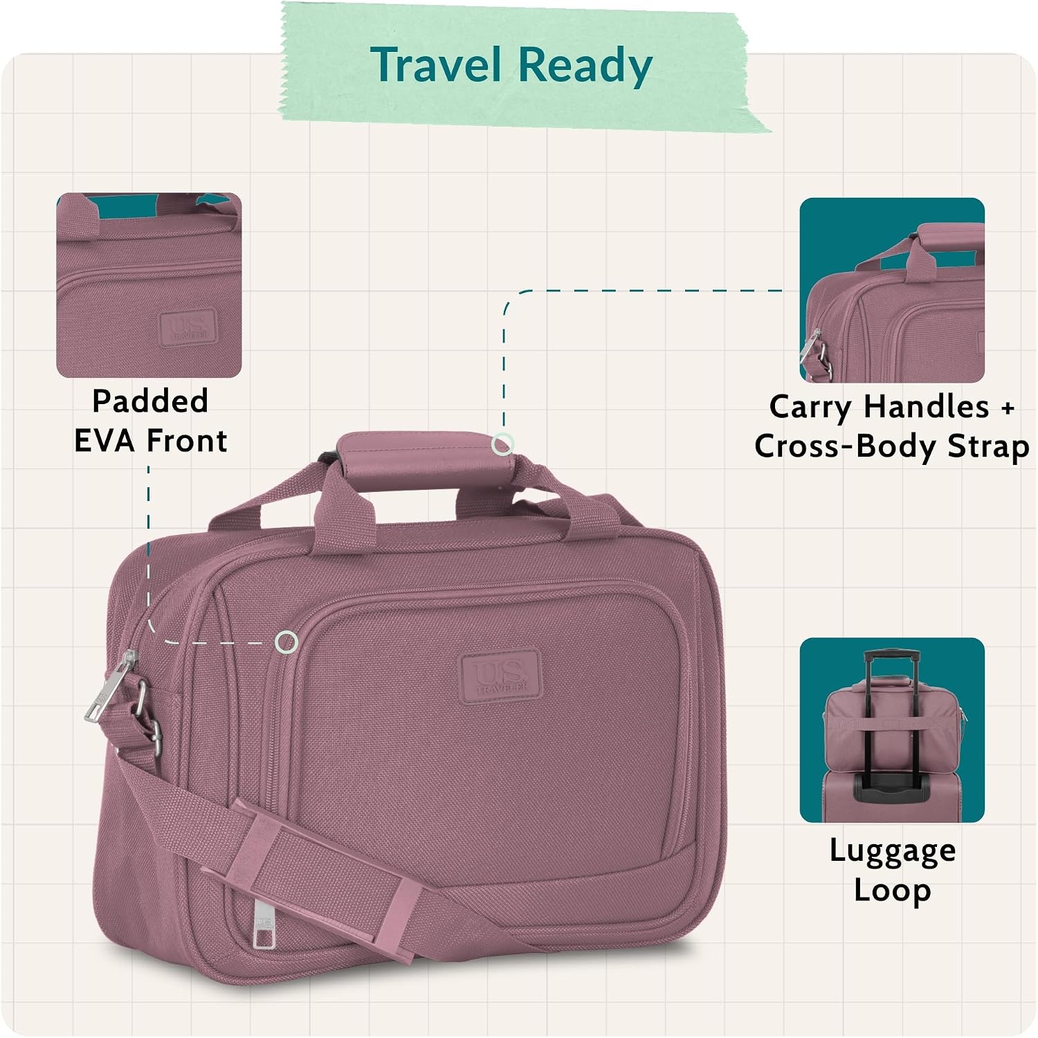 image:imageUS Traveler Rio 14 Travel Tote Bag Lightweight 1200D CarryOn Bag for Women amp MenMauve
