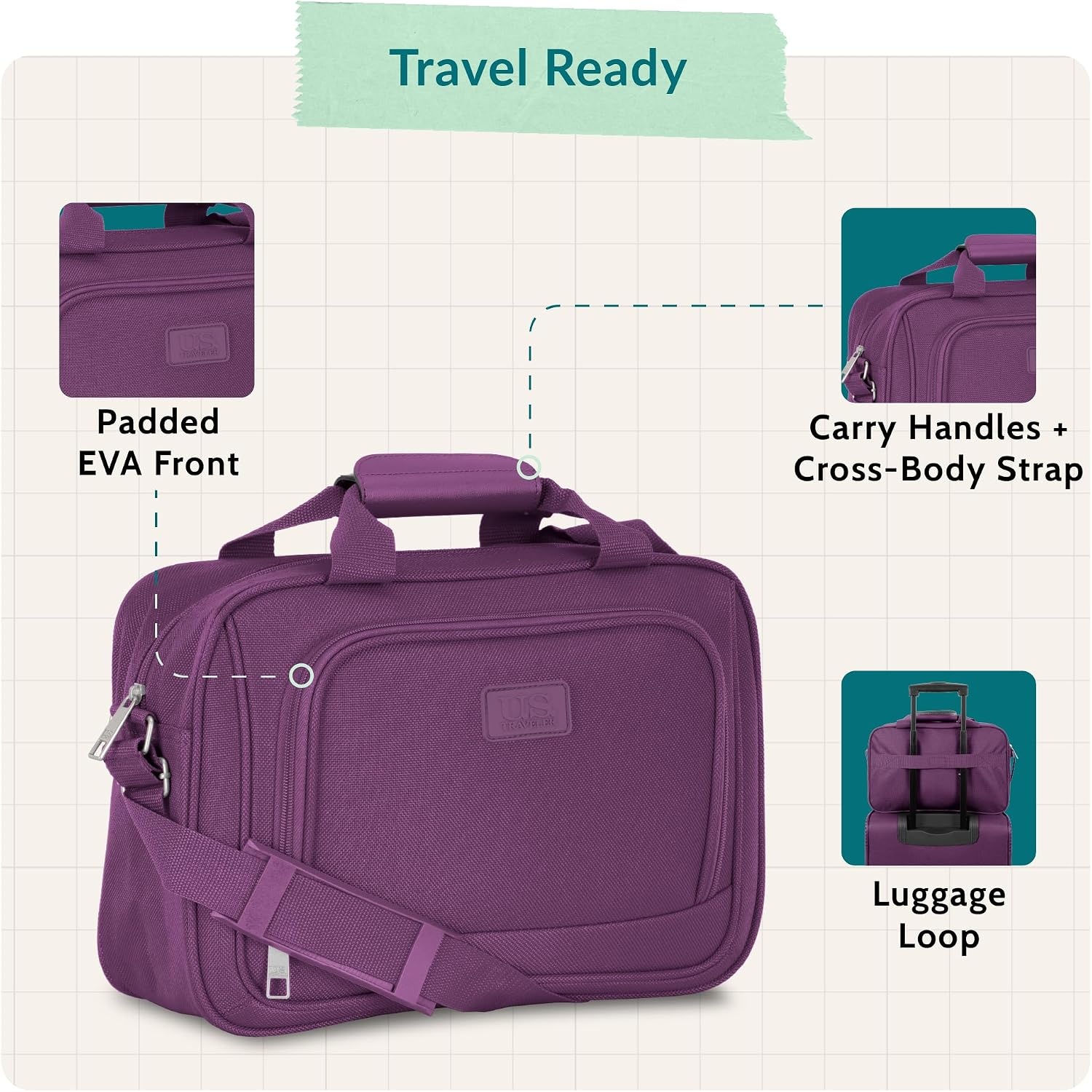 image:imageUS Traveler Rio 14 Travel Tote Bag Lightweight 1200D CarryOn Bag for Women amp MenPurple