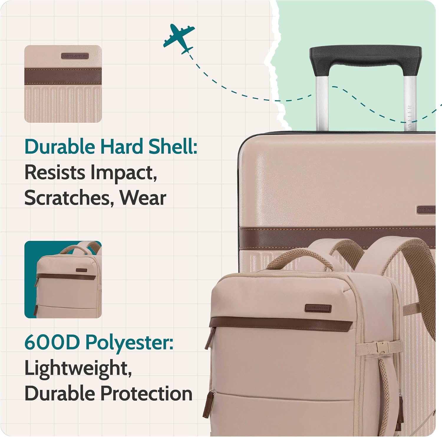 image:imageUS Traveler Vista Way 3Piece Travel Set 21Inch Carryon Hardside with TSA Lock 18Inch Travel Backpack with Laptop Sleeve Toiletry Bag GreenBeige